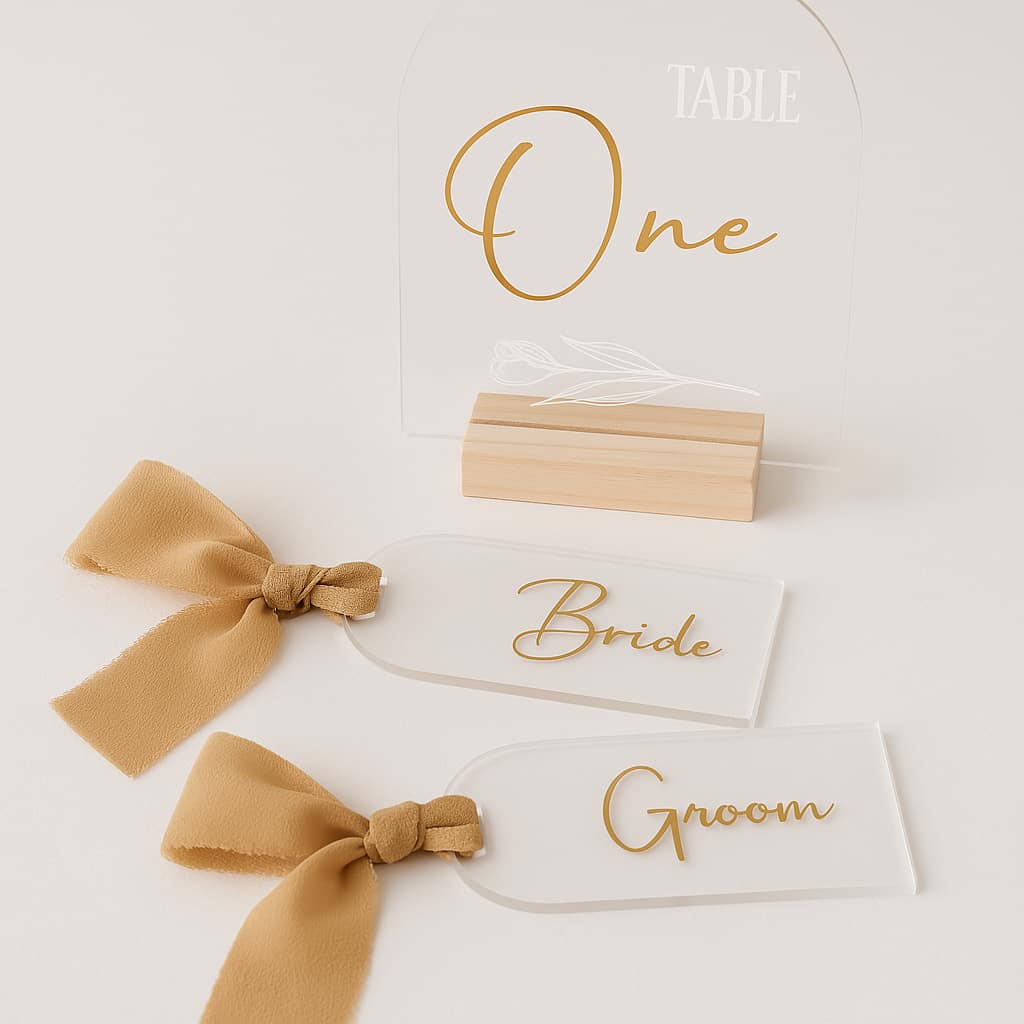 Bundle - 10 Clear Personalised Table Numbers and 2 Name Tags